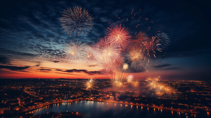 Tło na życzenia - fajerwerki na niebie w Sylwestrową noc - huczne świętowanie. Szczęśliwego Nowego Roku