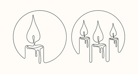 One line art Candles in minimalist style.
Burning candles in a continuous line. Isolated on white background Vector illustration EPS10