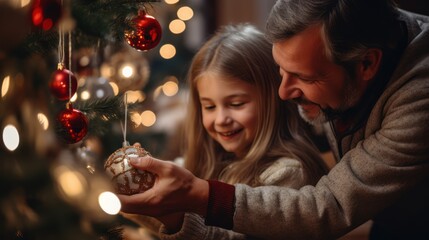 Christmas tree decoration, Father and daughter at home, Xmas celebration for the family 