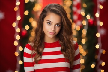 Festive Snapshot of a Smiling Brunette Teenager with Candy Canes in a Christmas-Themed Red and White Setup
