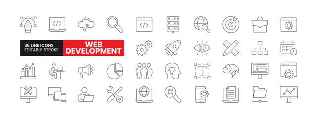 Set of 36 Web Development line icons set. Web Development outline icons with editable stroke collection. Includes Coding, Web Development, Idea, Tools, Maintenance and More.