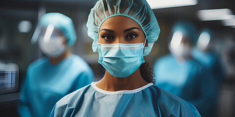 An African American surgeon displays her happiness with a wide smile in the operating room of the hospital after successfully completing a challenging surgery. copy space - obrazy, fototapety, plakaty