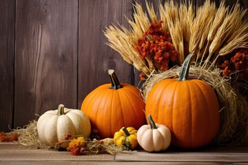 Autumn pumpkin arrangement with hay and rustic wood background for Thanksgiving.