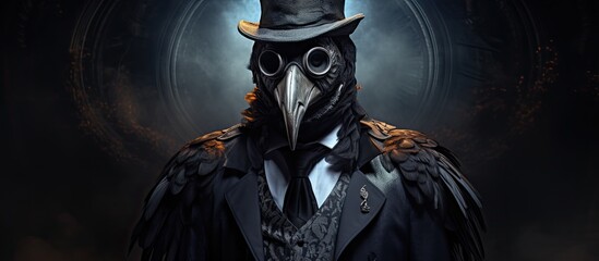 In a dark and eerie background an isolated man wearing a black carnival mask and donning a doctor s coat painted a haunting portrait of a bird amidst a fantastical setting This art concept  - obrazy, fototapety, plakaty