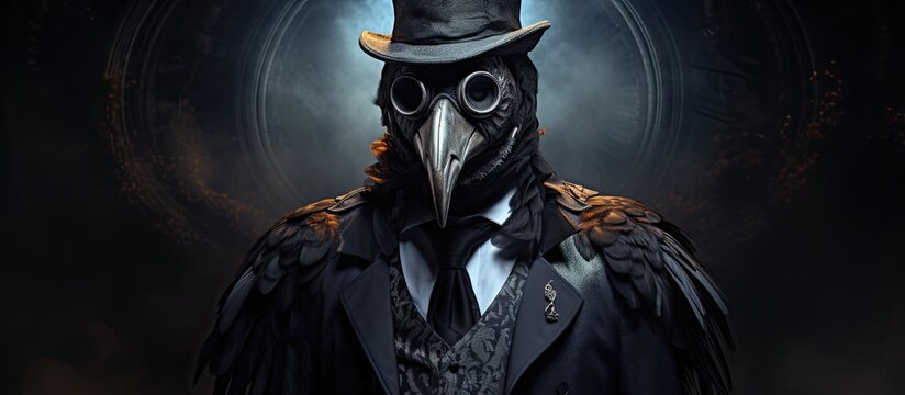 In a dark and eerie background an isolated man wearing a black carnival mask and donning a doctor s coat painted a haunting portrait of a bird amidst a fantastical setting This art concept 
