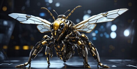 A bee with cybernetic enhancements posing in a futuristic studio, its metallic wings glinting in the artificial light.