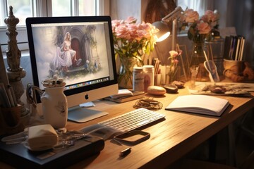 Designer workspace with graphics tablet and inspirational sketches.