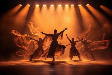 Dynamic dance performance on a theater stage with dramatic lighting.