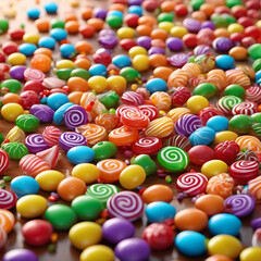 Fototapeta na wymiar Colorful candies are falling on the tabletop, forming a colorful mound.