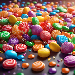Fototapeta na wymiar Colorful candies are falling on the tabletop, forming a colorful mound.