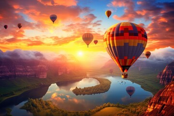 Hot air balloons floating at sunrise over a picturesque landscape.
