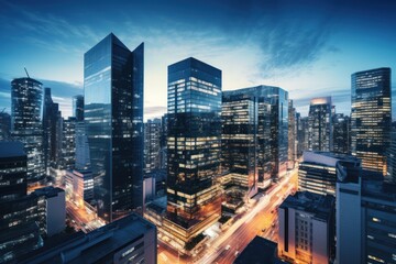 Fototapeta na wymiar Modern skyscrapers in a bustling city center at twilight.
