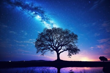 Fototapeta na wymiar Night sky with Milky Way and silhouette of a lone tree.
