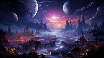 Fantasy colorful landscape with castle the river at night with star and planets in sky. Beautiful fantasy landscape at night in purple colors with a temple, river  and many planets in deep space.
