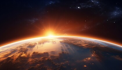 Sunrise above planet Earth as seen from space. Beautiful golden sunrise over the planet Earth. Our Blue Planet earth in space with sun over horizon.  3D rendering.