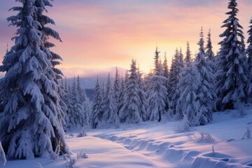 Snow-covered fir trees in a winter wonderland at dawn.