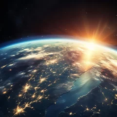 Fotobehang Sunrise above planet Earth as seen from space. Beautiful golden sunrise over the planet Earth. Our Blue Planet earth in space with sun over horizon.  3D rendering. © Valua Vitaly