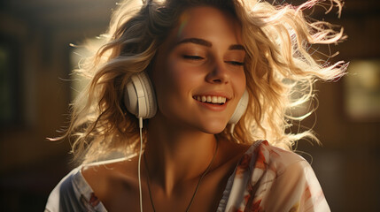 woman dancing in the field and listening music in headphones. Golden sun rays shine on attractive...