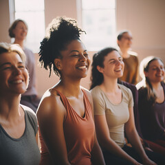 Women of diverse races come together in a yoga studio to learn how to perform exercises that help them collectively reduce stress and anxiety. - obrazy, fototapety, plakaty