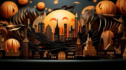 Orange and black paper craft Halloween pumpkin and haunted city. create using a generative ai tool 