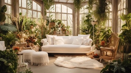 Room with a white sofa surrounded by many houseplants. create using a generative ai tool 