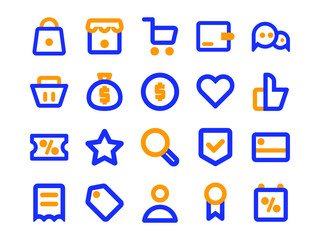 E Commerce Icon Pack in Duotone Outline Style. Perfect for Websites, Landing Pages, Mobile Apps, Presentations, and Other Projects. Suitable for User Interface and User Experience UI/UX.