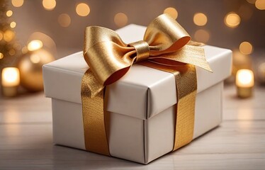 Christmas gift box with golden bow and decoration on bokeh background