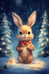 Cute rabbit in a fabulous forest. New Year and Christmas. Holiday banner, postcard.