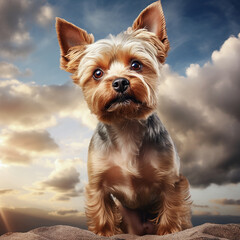 ai generated illustration of Yorkshire terrier dog closeup portrait on cloudy sky
