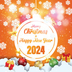 Merry Christmas and Happy New Year 2024 typographical on orange background with Gold glitter texture. Vector illustration for golden shimmer background. Xmas card. Vector Illustration.