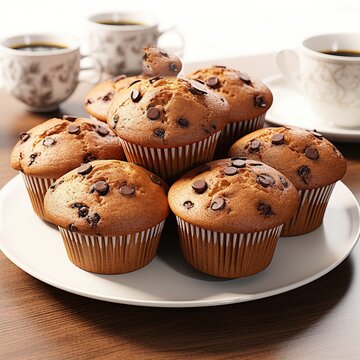 Chocolate muffins on plate with cup of coffee on wooden table, Ai Generated