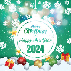 Merry Christmas and Happy New Year 2024 typographical on Mint green background with Gold glitter texture. Vector illustration for golden shimmer background. Xmas card. Vector Illustration.