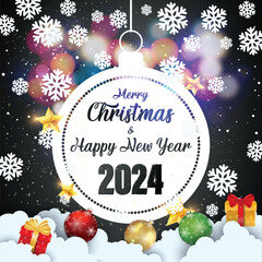 Merry Christmas and Happy New Year 2024 typographical on Black background with Gold glitter texture. Vector illustration for golden shimmer background. Xmas card. Vector Illustration.
