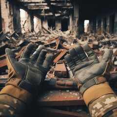 soldier clothing gloves accessories in the middle of a destroyed building