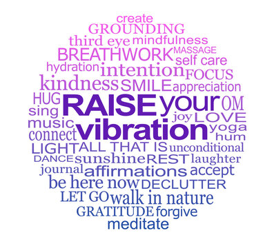 Raise Your Vibration circle of words pink graduated down to purple circular word cloud relevant to spiritual raising healing frequency isolated transparent png file ideal for wall art
