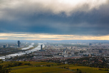  Panoramic view from a vineyard hill over the Danube River in Vienna, Austria. Vienna, Austria, Europe, Donau Island, Danube River