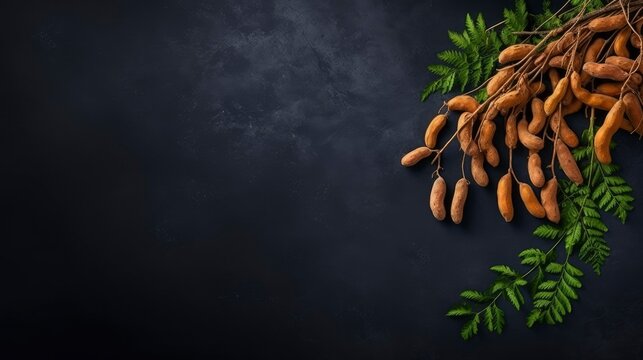Delicious ripe tamarinds on black background. Healthy food. Free space for your text