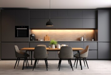 Fototapeta premium 3D rendering of a contemporary dark gray kitchen with white wood backsplash. Table with chairs