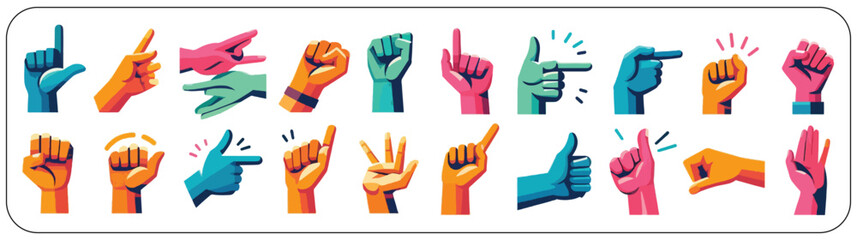 Set design of hands, arm gestures, human hand pointing and fist vector flat set