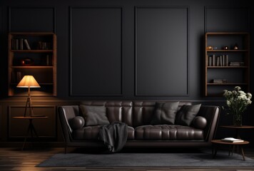 Interior background of a cozy dark living room