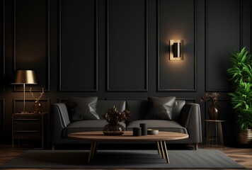 Interior background of a cozy dark living room