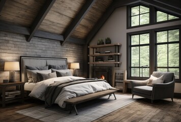 Dark attic master bedroom with large windows. Luxurious studio apartment in loft style in dark colors