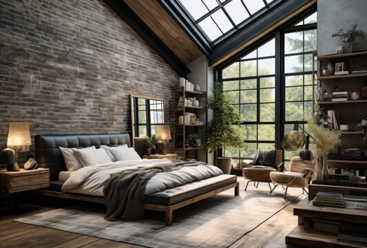 Dark attic master bedroom with large windows. Luxurious studio apartment in loft style in dark colors