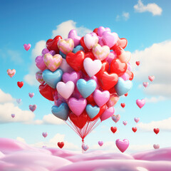 Colorful heart-shaped balloons soar mid-air, bringing joy and happiness