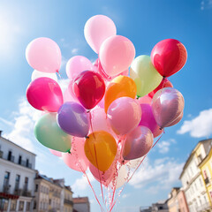Colorful balloons floating in the sky over a cityscape