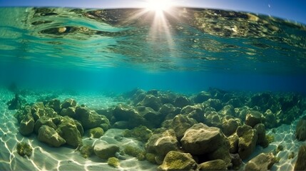 Underwater view of the rocks with sunlight rays  in the Mediterranean Sea.  Beautiful underwater world with crystal clear turquoise sea water and sunbeams. Composition of nature . 3d render