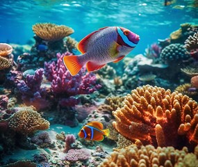 Naklejka na ściany i meble Tropical fish in the Red Sea. Egypt. Colorful coral reef with tropical fish in the ocean. Underwater world. AI generated illustration. Closeup multicolored tropical fish in crystal clear azure water