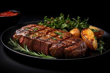 Grilled beef steak with baked potatoes and herbs on a black plate, Ai Generated