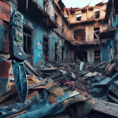 Fototapeta na wymiar soldier knife in the middle of a destroyed building