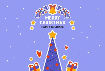 Happy new year and Merry Christmas holiday card. Postcard templates with Christmas tree, gifts, socks, Christmas sticks.